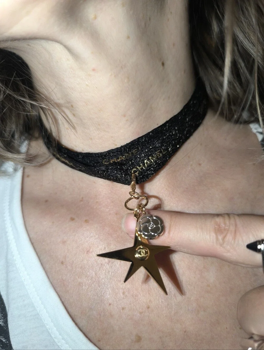 Chanel Comete Star Camelia Charm On Limited  Edition Ribbon Necklace Choker